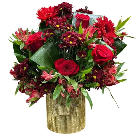 Caja pote strass gold con rosas y flores de estacion